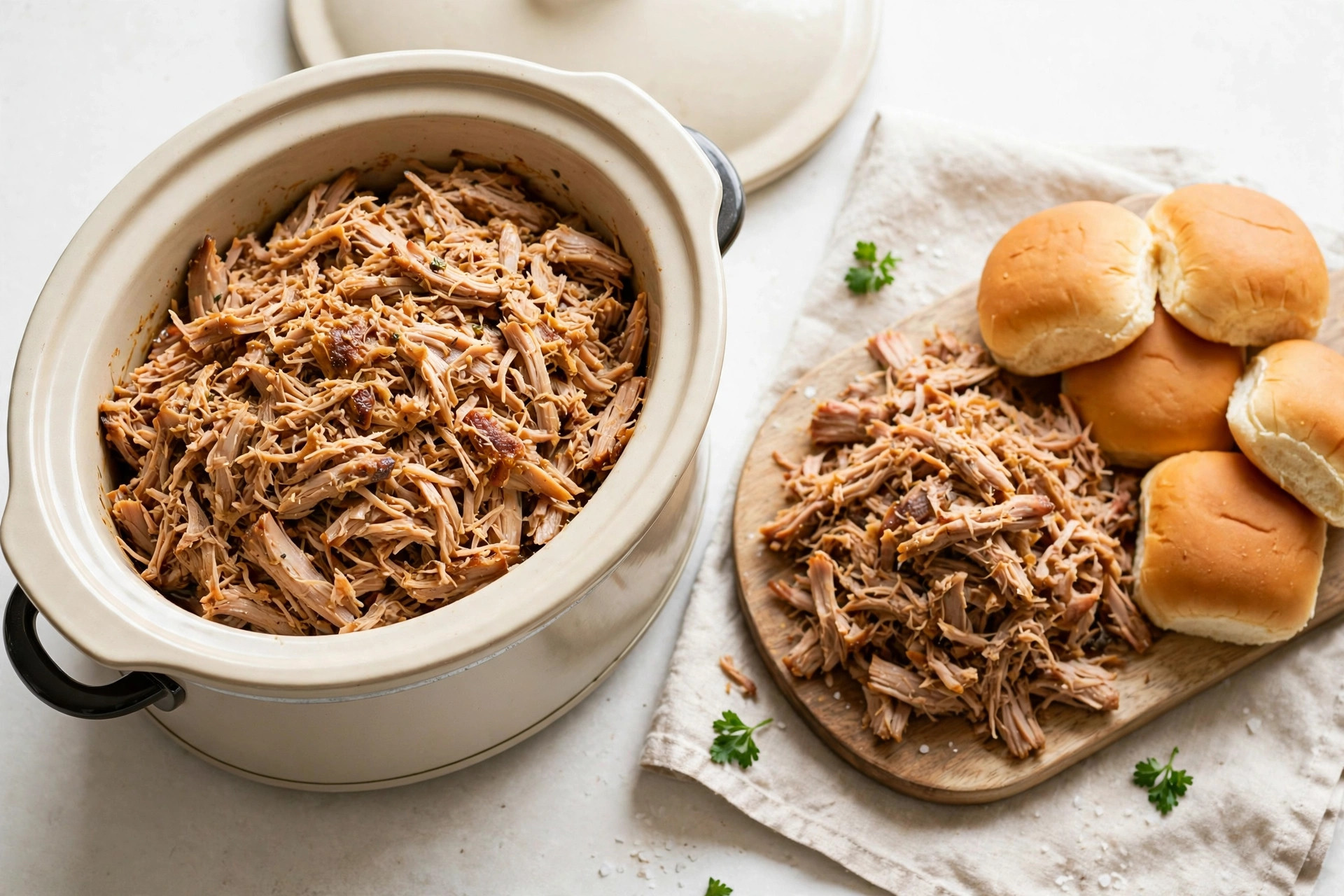 Slow cooker full of shredded pulled pork beside a board of pulled pork and soft buns