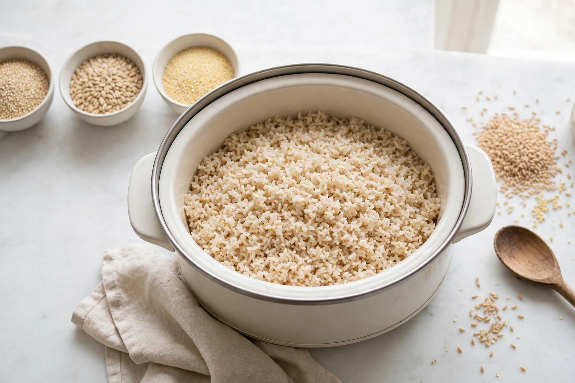 Slow cooker of fluffy cooked brown rice with small bowls of dry grains beside it