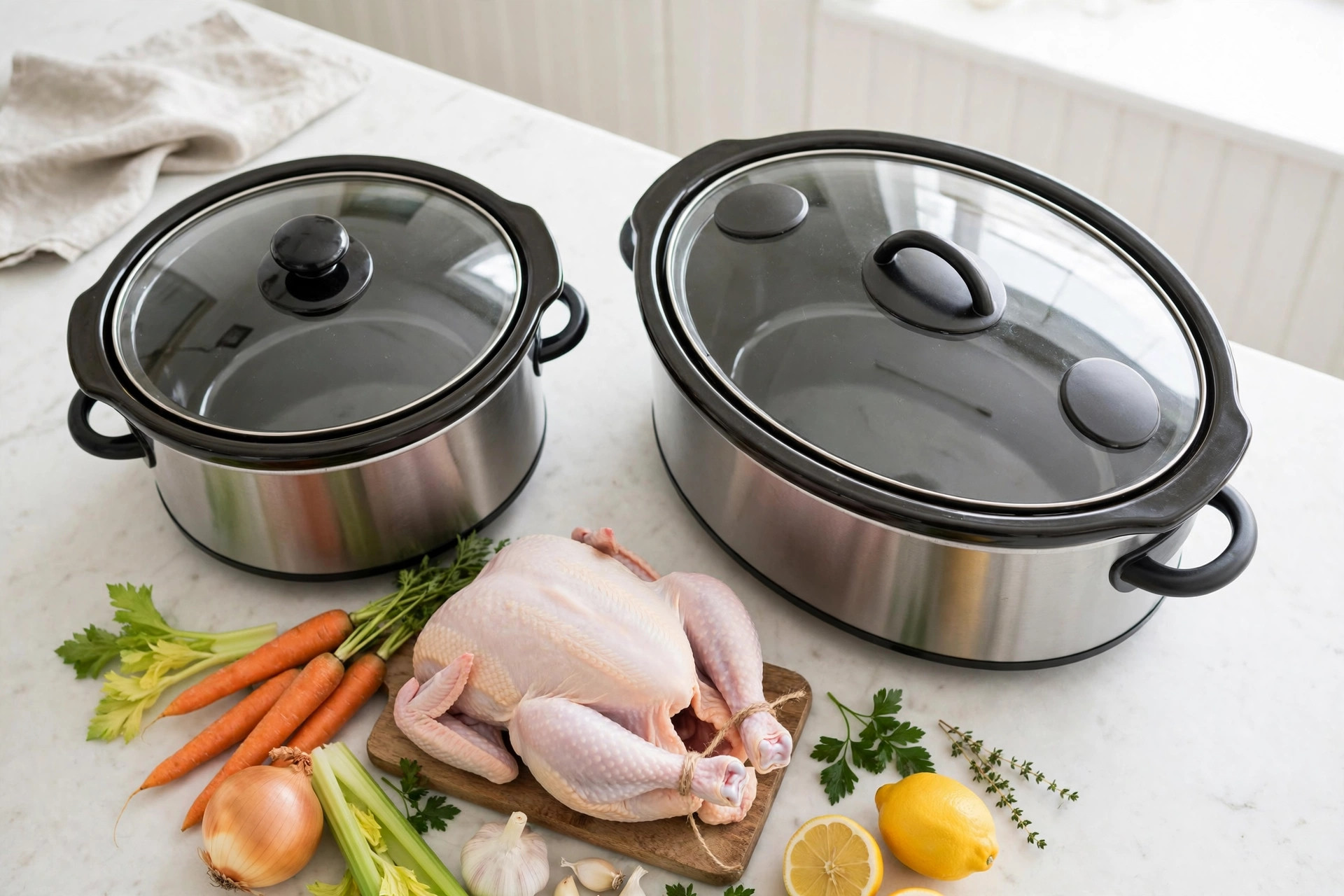 A round and an oval slow cooker side by side with a whole chicken and vegetables in front